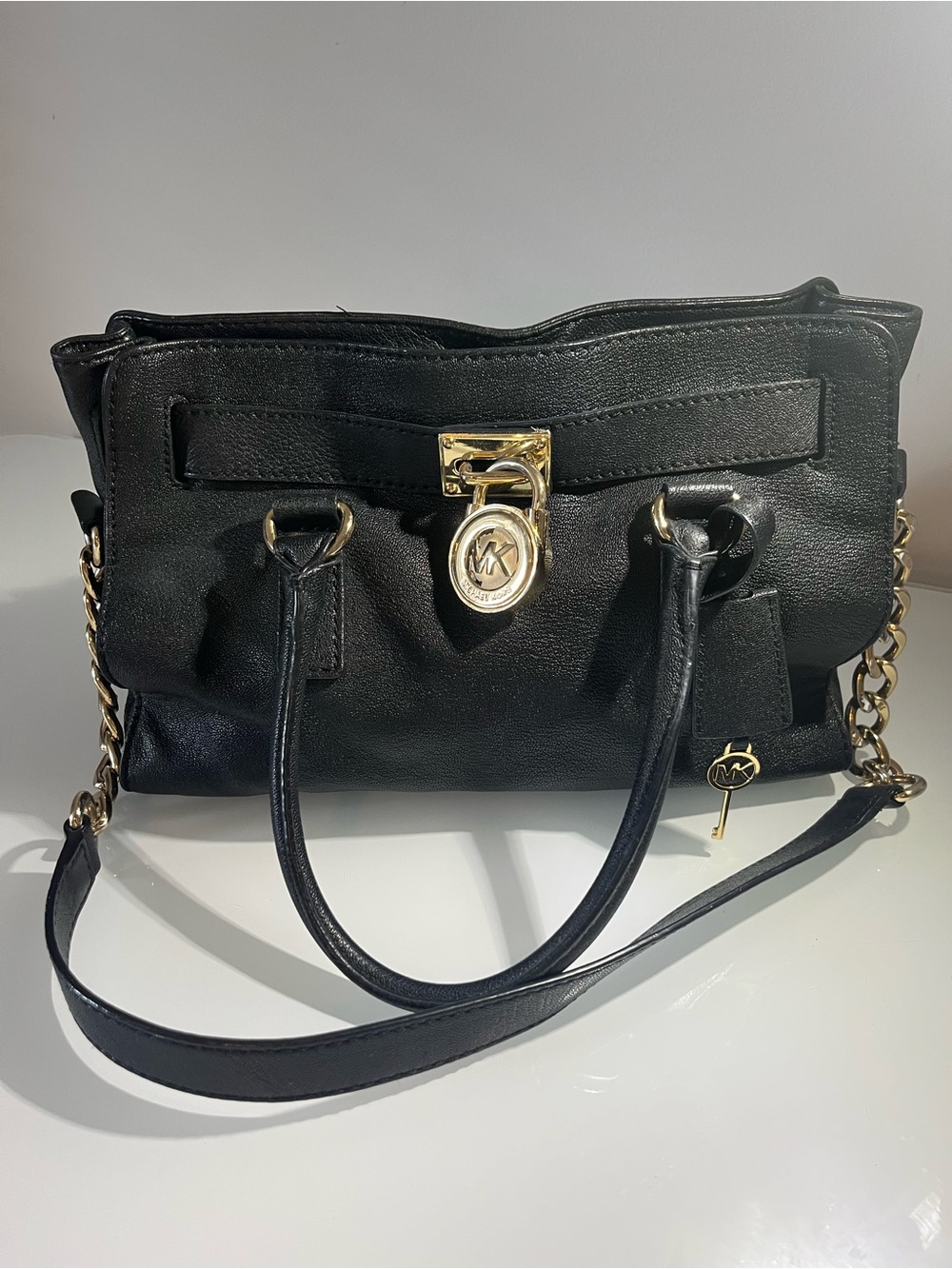 Michael Kors Black Leather Chain-Accented Satchel with Gold Hardware